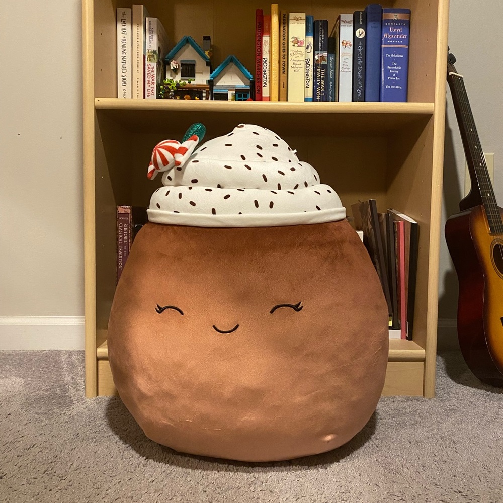This lovable peppermint mocha Squishmallow is ready for a new home.